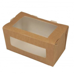 Take away box, brun, rektangulær, m vindue, karton/PLA,900ml